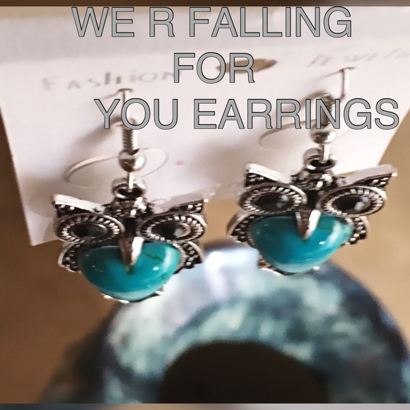 TURQUOISE & SILVER OWL EARRINGS WITH HEART - Picture 2 of 5
