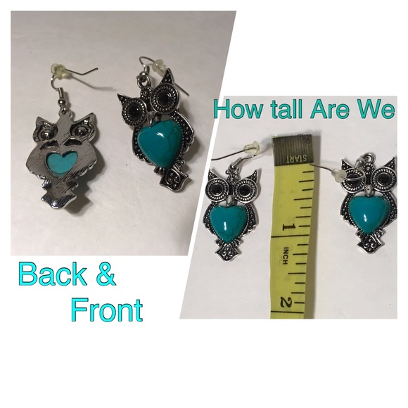 TURQUOISE & SILVER OWL EARRINGS WITH HEART - Picture 4 of 5