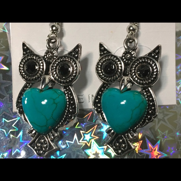 TURQUOISE & SILVER OWL EARRINGS WITH HEART - Picture 5 of 5