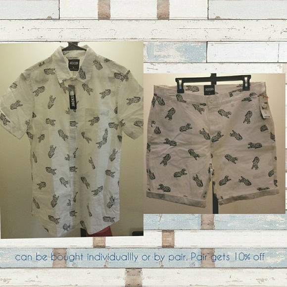 NWT! Men's printed button down shirt + shorts - Picture 1 of 2