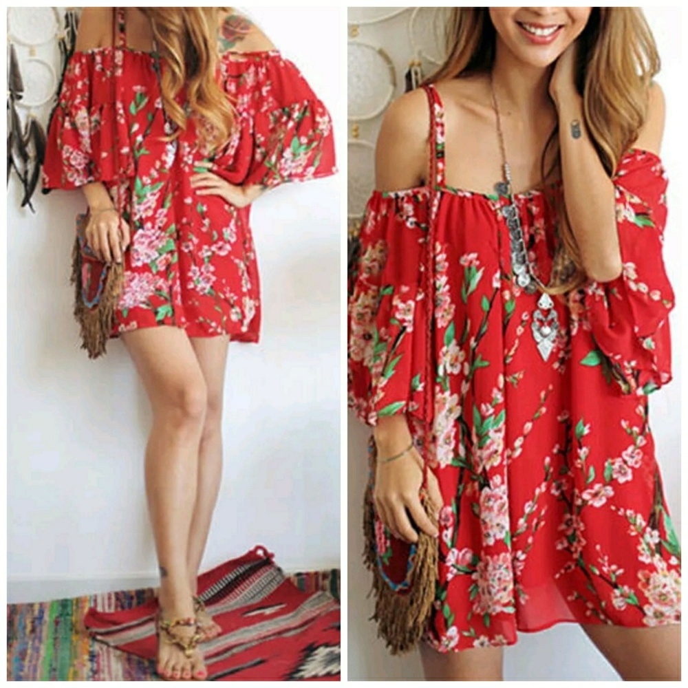 ❗LAST❗🌟Summer Chic Red Floral Chiffon Mini Dress