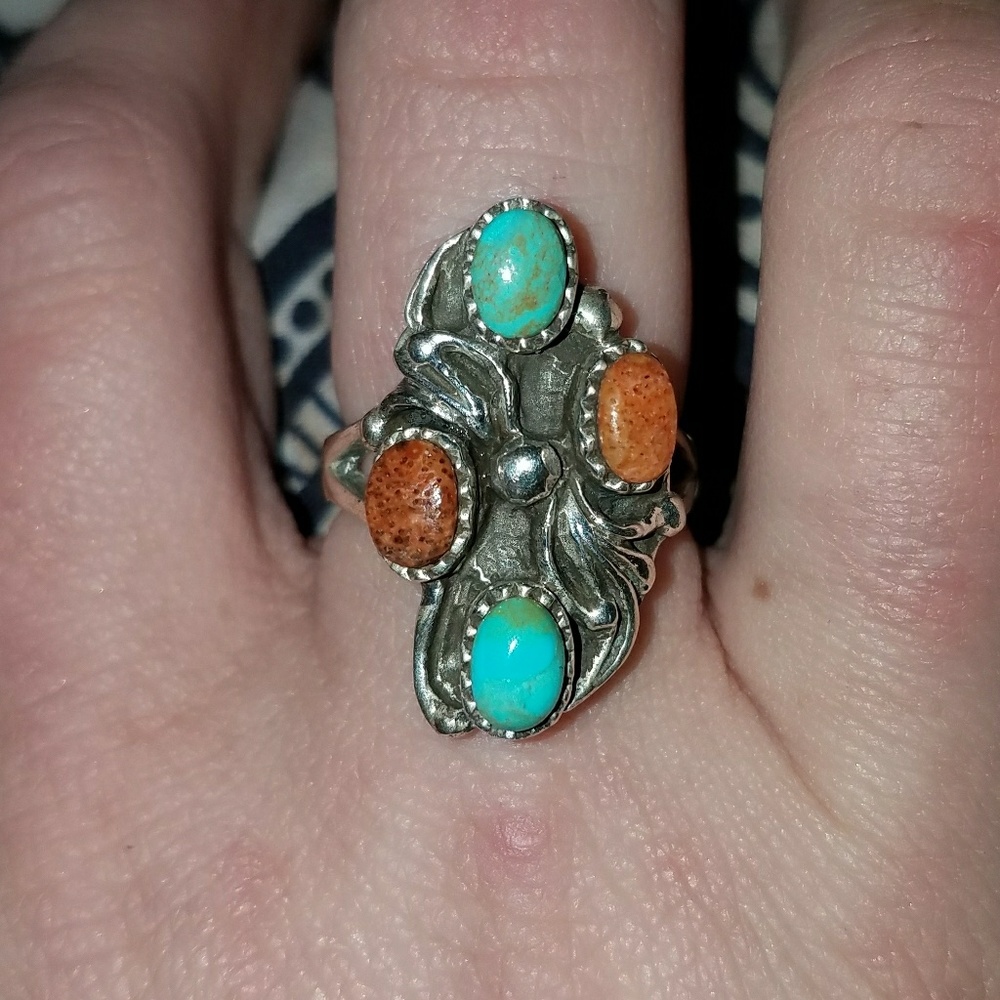 Vintage Shube turquoise and coral silver ring