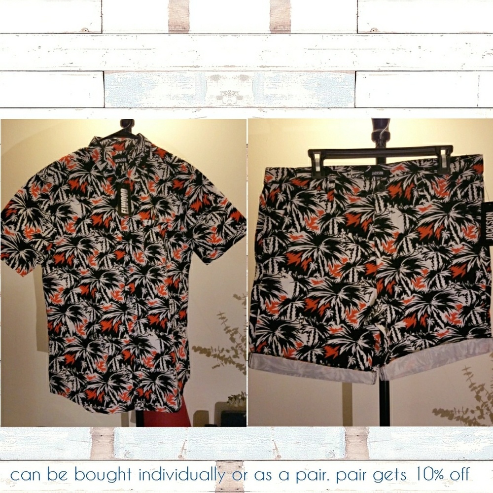 NWT! men's printed button down shirt + shorts