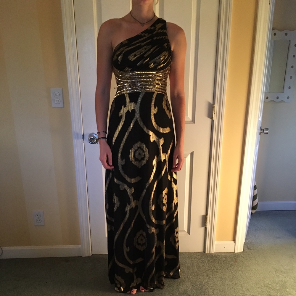 Gold/Black, sequin accent, open back, prom dress