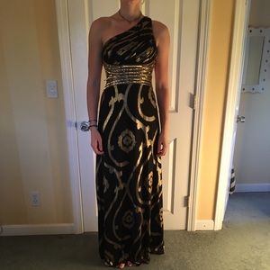 Gold/Black, sequin accent, open back, prom dress