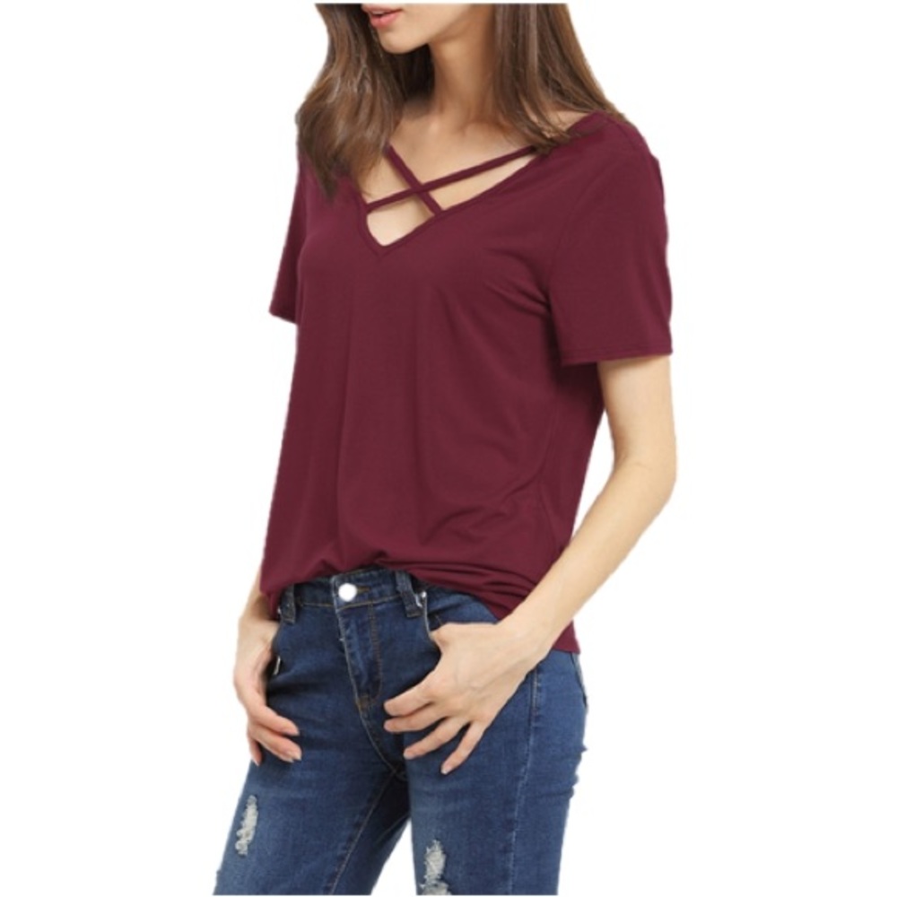 Criss Cross Front Top Casual Short Sleeve
