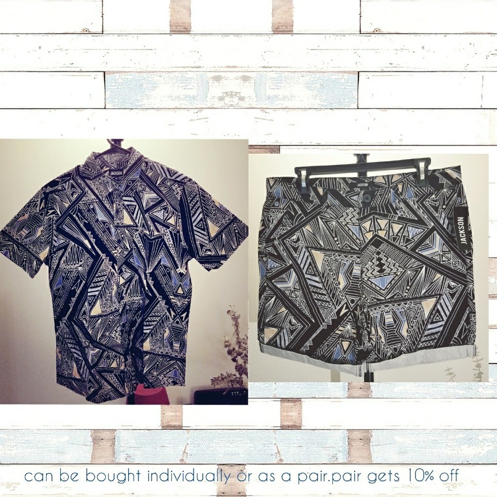 NWT! Men's printed button down shirt + shorts