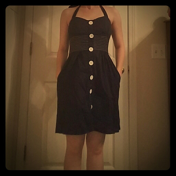 Vintage-inspired Summer halter dress- Navy - Picture 2 of 7