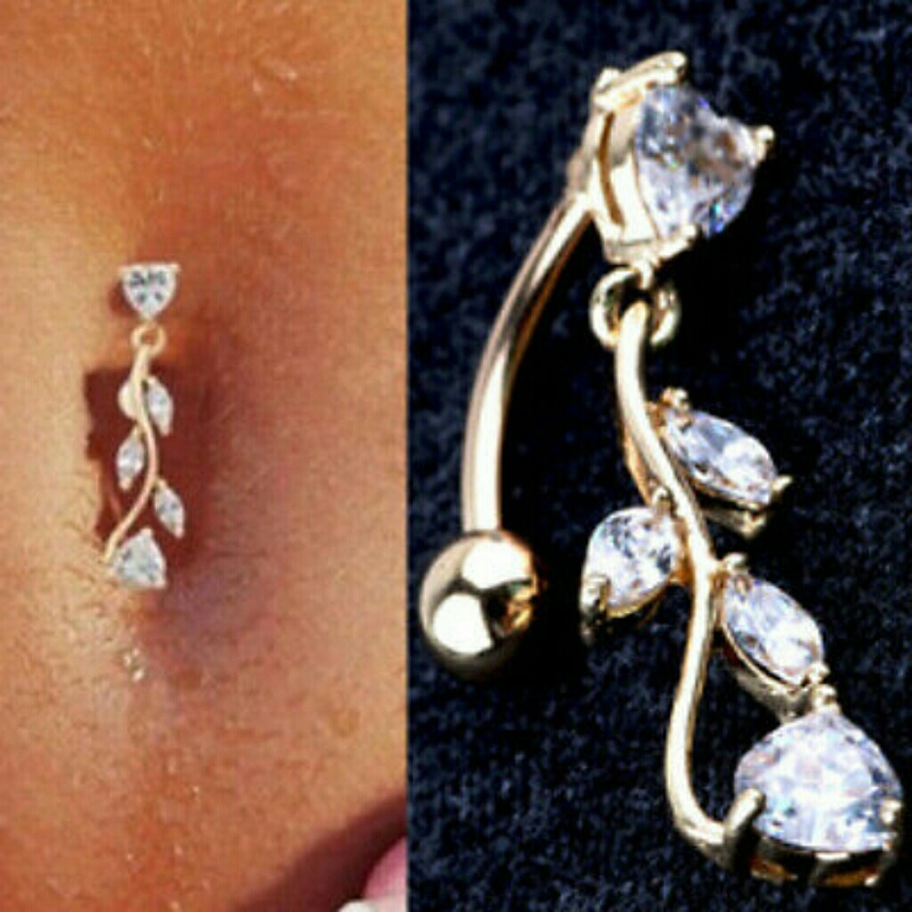 SoldZircon leaves & heart Gold Barbell Belly Ring