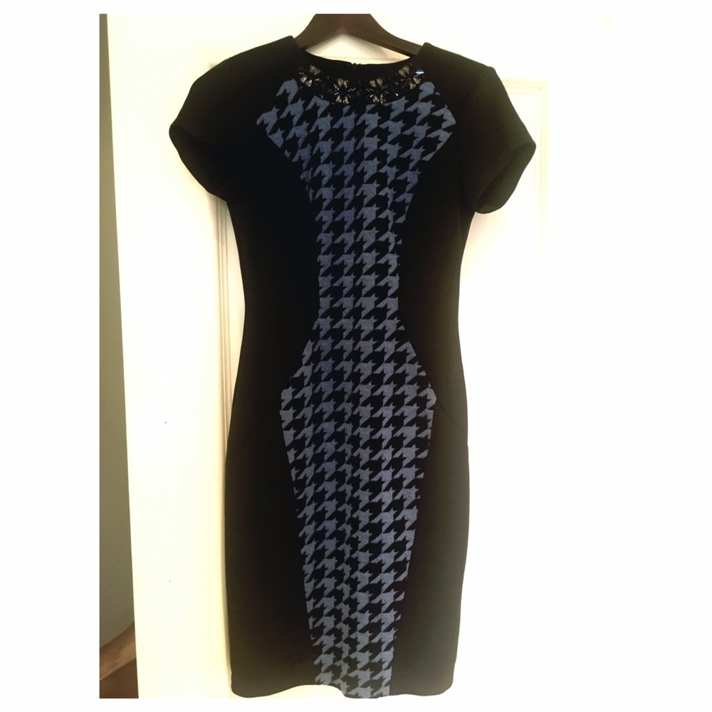 Black and blue body con fitted work dress, size 2