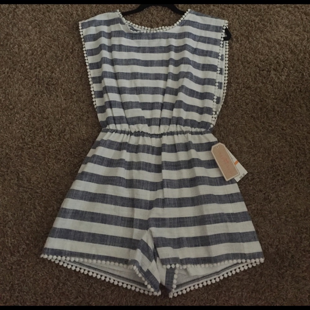 blue and white striped romper