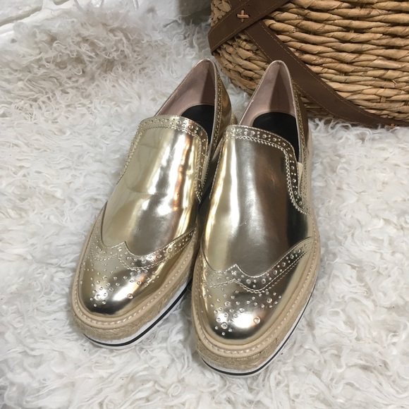 ZARA Shiny Gold Espadrille Platform Loafers - Picture 2 of 4