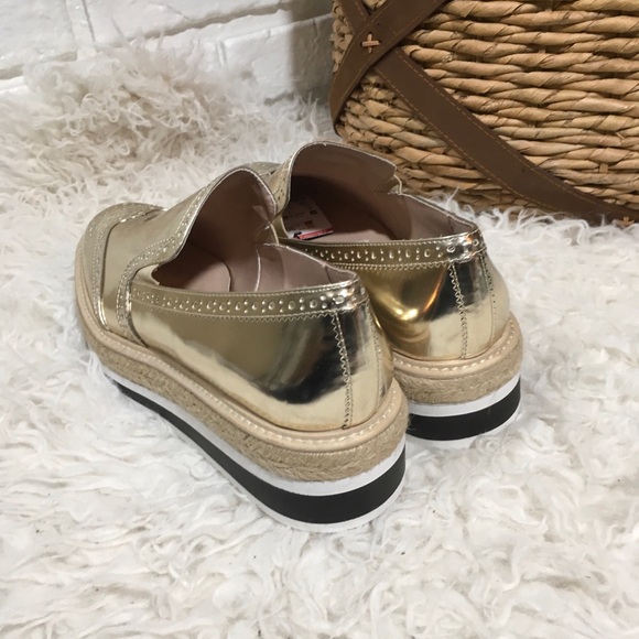 ZARA Shiny Gold Espadrille Platform Loafers - Picture 3 of 4