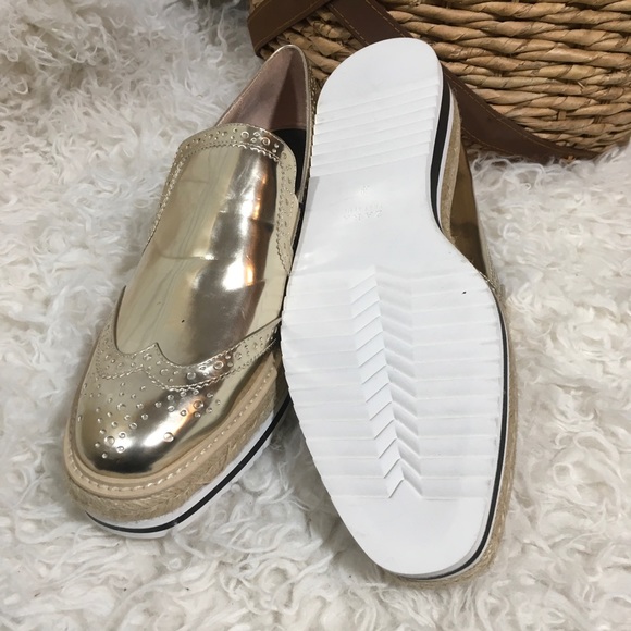 ZARA Shiny Gold Espadrille Platform Loafers - Picture 4 of 4