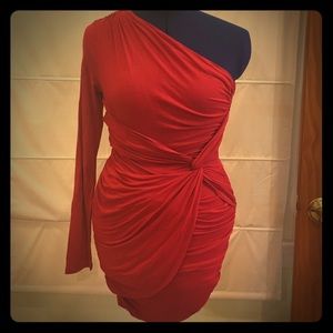 One Sleeve Red Knit Cocktail Dress