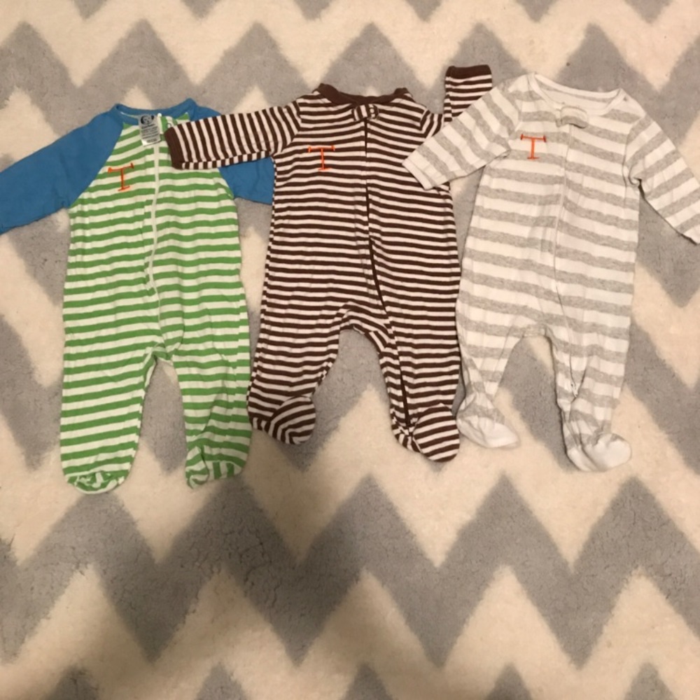 3 0-3 month onesies with "T" monogram