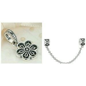 SS SAFETY CHAIN CHARM AND MATCHING FLOWER CHARM