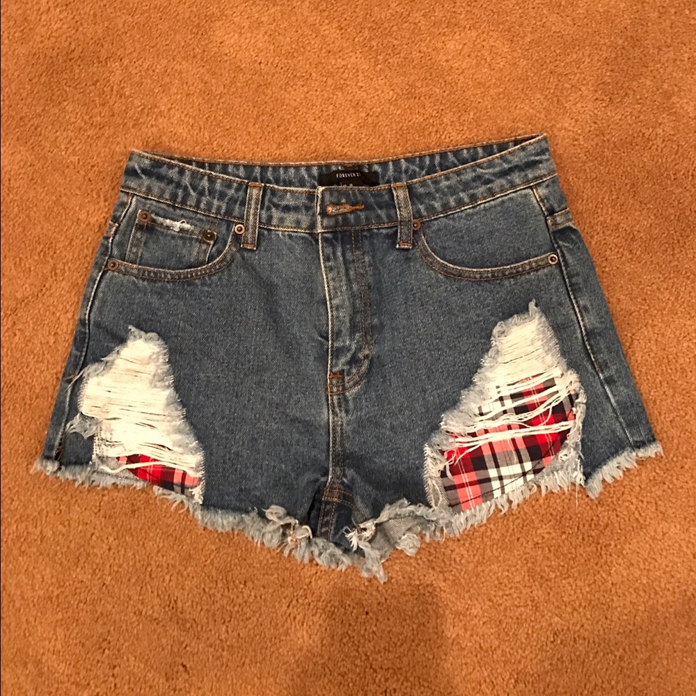 Forever 21 Ripped Shorts with Plaid Pockets