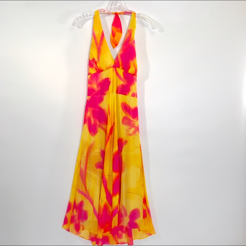 Cache Yellow and Pink Halter Dress, silk & lined