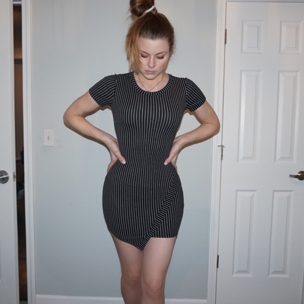 Black with white pinstripe, asymmetric mini dress