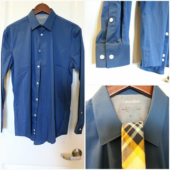 NWOT Calvin Klein Solid Blue Dress Shirt - Picture 5 of 5