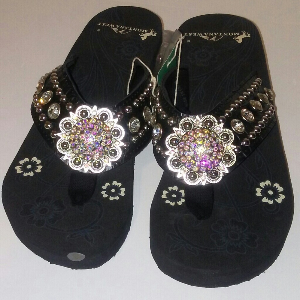 Womens Black Monta West Floral Rhinestone Sandals