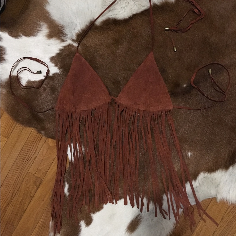 Faux Suede Fringed Halter Top