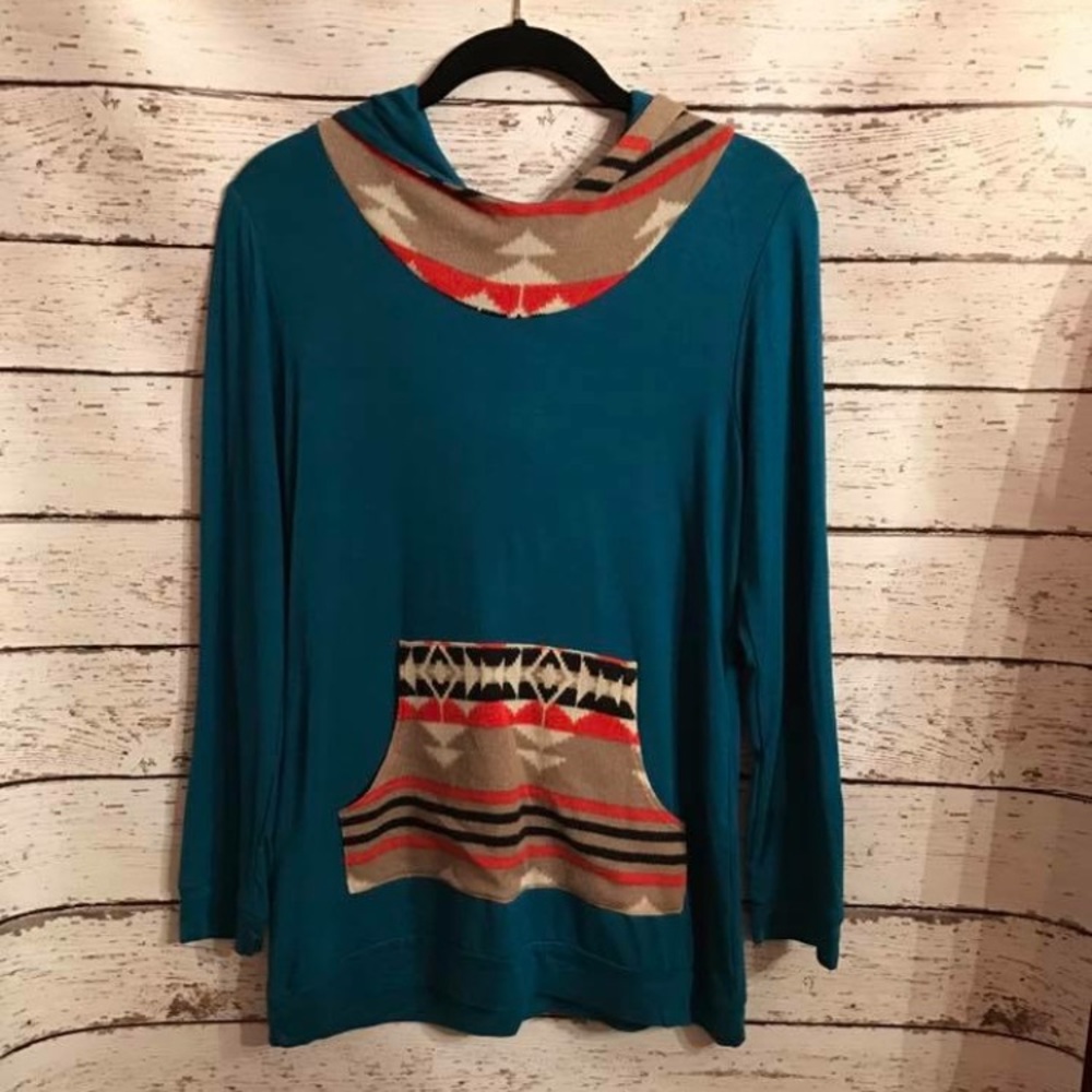 Aztec print teal hoodie