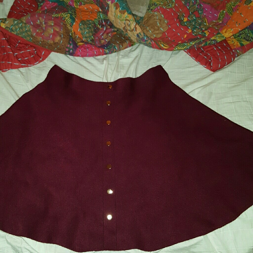 Burgundy A-Line Skirt w/ Decorative Gold Buttons