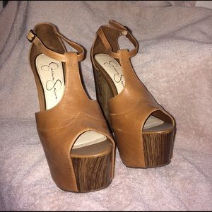 Danny light tan T strap platform heels