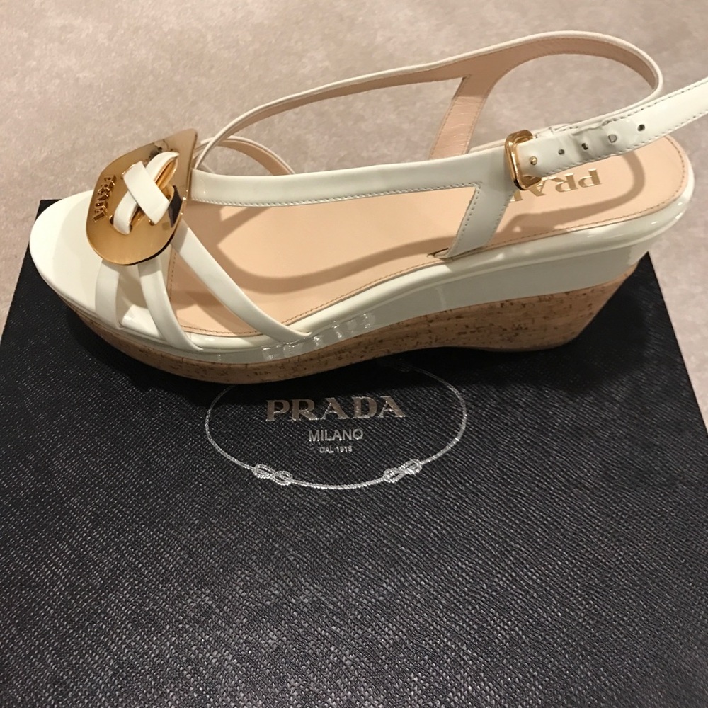 PRADA White leather cork wedge with gold buckle