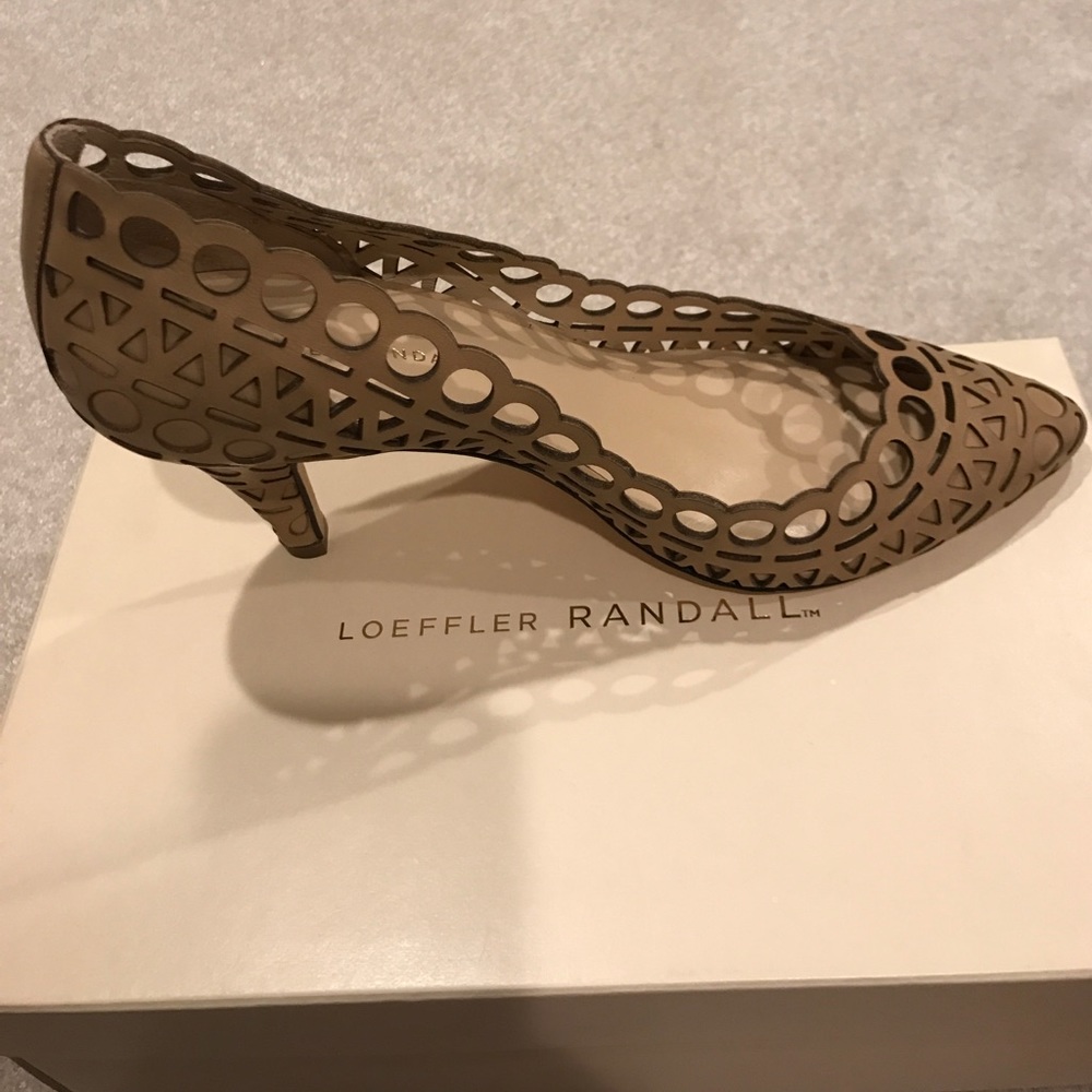 Tan laser cut leather heels NEVER WORN