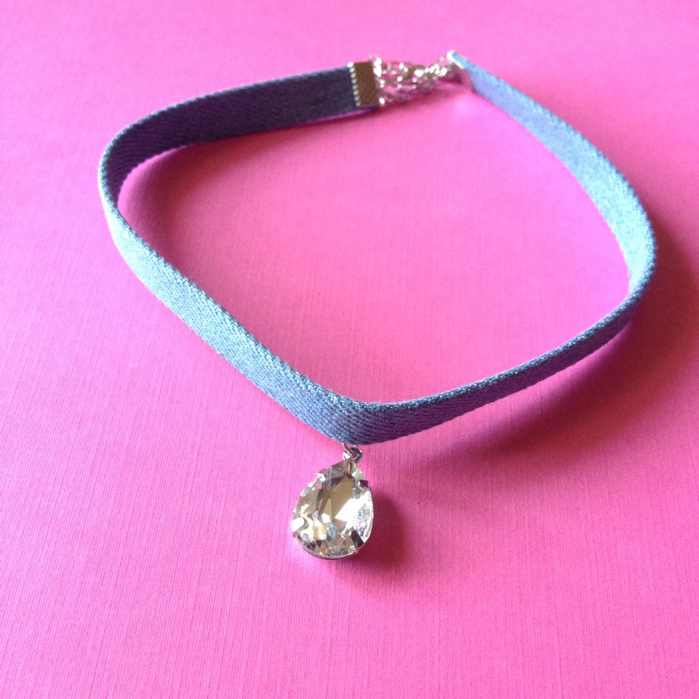 Denim choker necklace crystal pendant