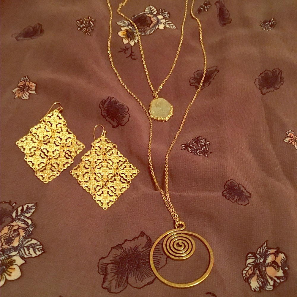 Boho faux meteorite necklace & earrings bundle