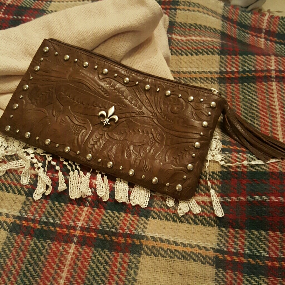 Brown Leather Clutch with Silver Accents