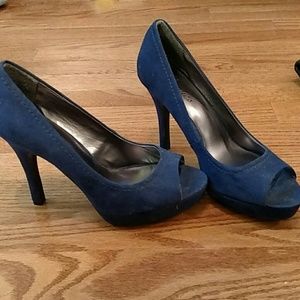 Blue suede open toe heels