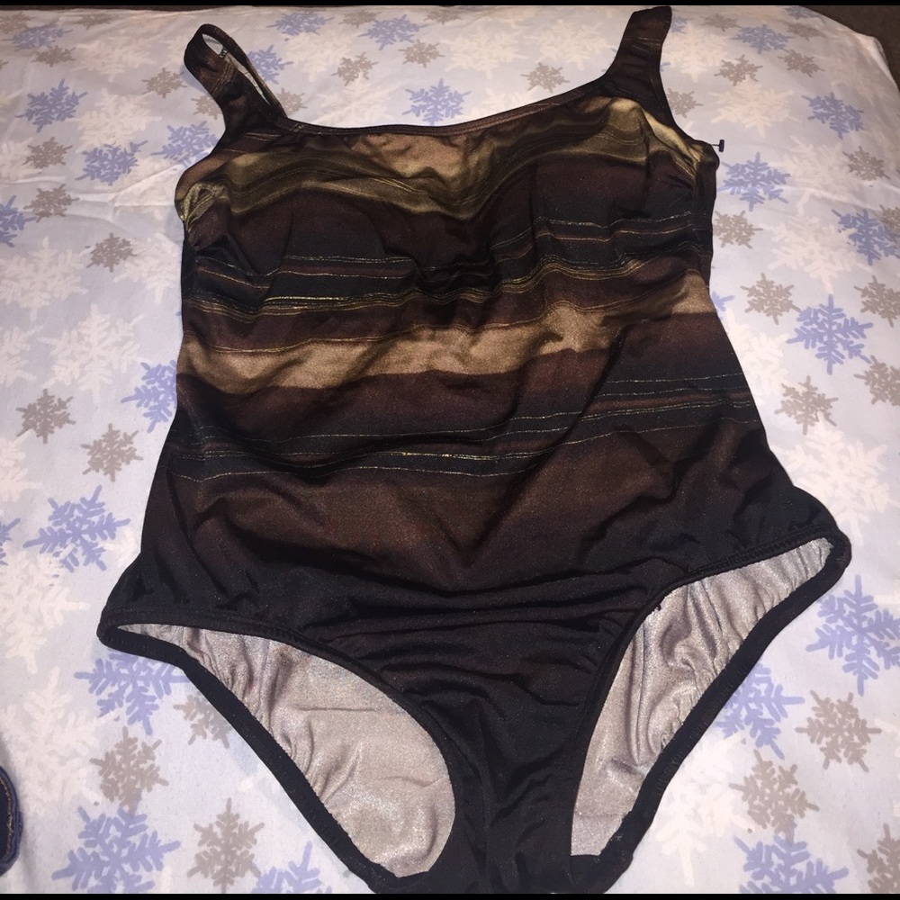 Brown marbled swim suit one piece with skirt