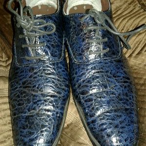 Navy Blue Leather Crocodile Dress Shoes - Mens