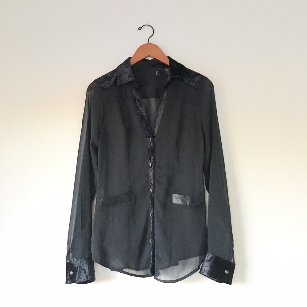 BKE Velvet & Chiffon Black Button-Up