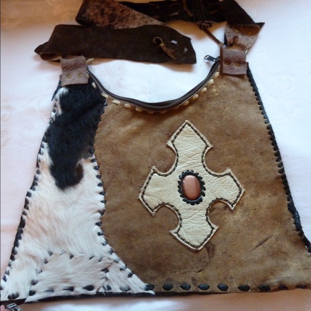Handmade leather cross body bag w gem