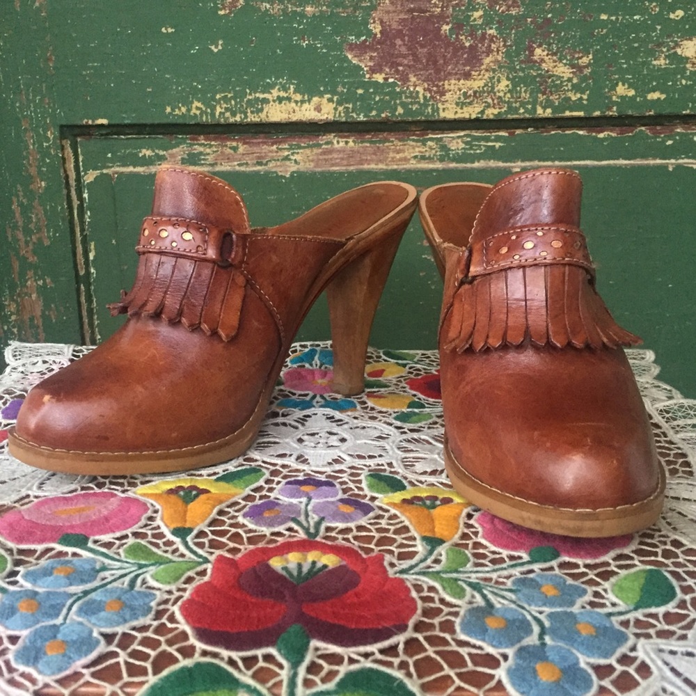 70s Wood and Leather Clogs from Brazil