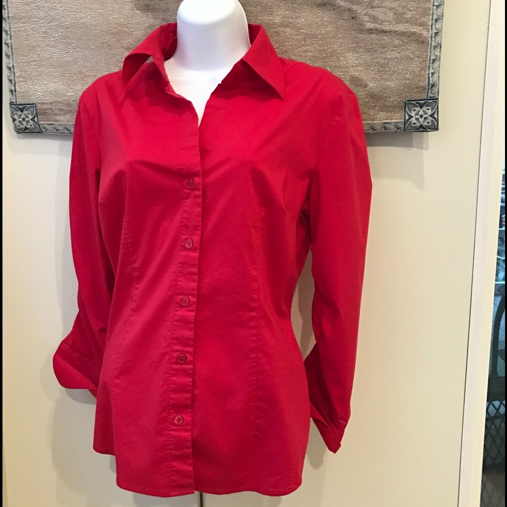 Brilliant Red Button Down Shirt 3/4 Sleeve