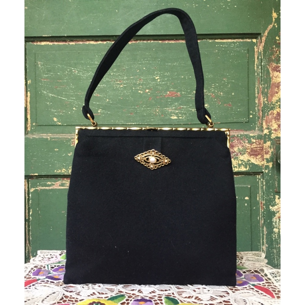 Vintage Black Wool Purse with Gold Hardware