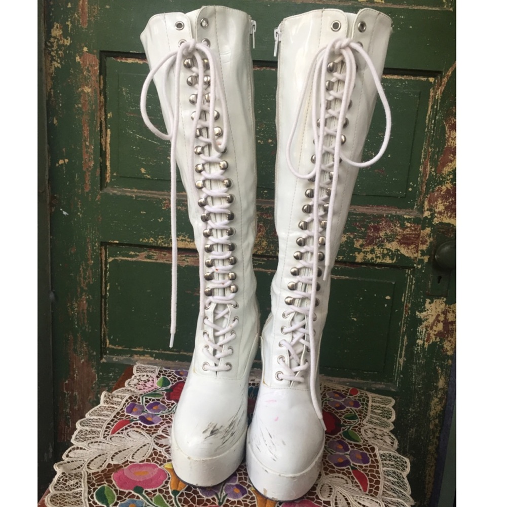 Pleaser-esque White Pleather Knee High Boots
