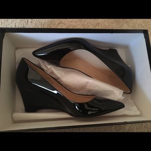 JCrew black patent wedge pumps