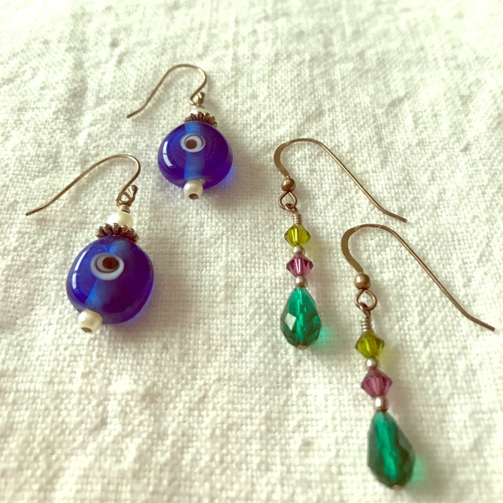 Two pairs of beaded earrings on silver hooks