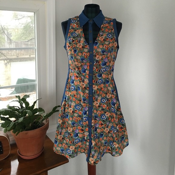 Floral Silk & Chambray Dress - Picture 3 of 7