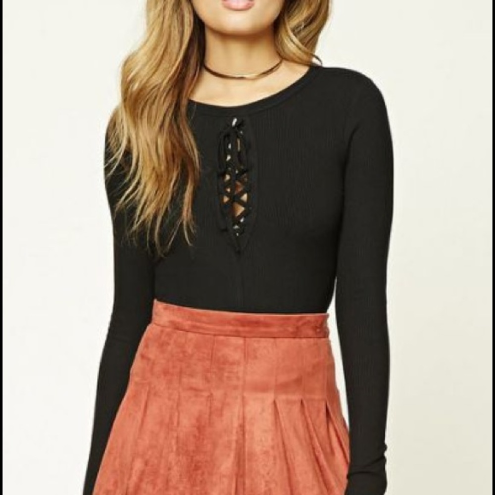 Black Lace-up Ribbed Top