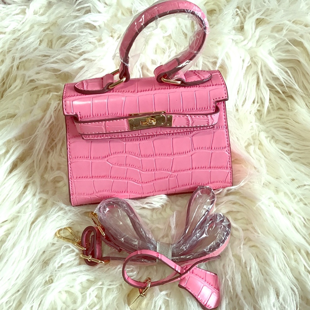 Trendy pink faux alligator mini micro handbag