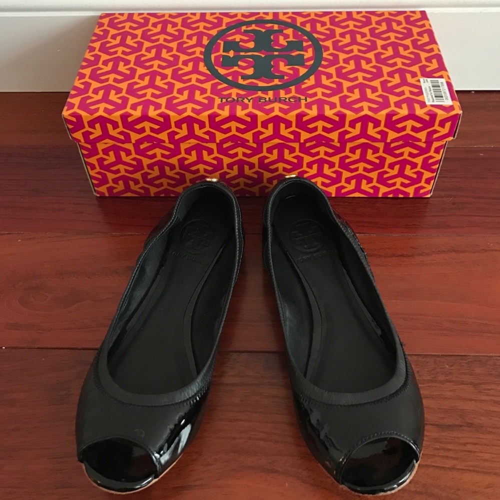 Tory Burch Eddie Peep Toe Ballet Black Patent